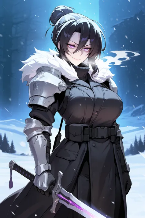 absurdres, (((Ultra HD))), (((Ultra High Quality))), ((hyper detailed)), ((Ultra High Resolution)), (Highly rendered), ((detailed eyes)), (((8K))), ((perfect face)), ((masterpiece)), cinematic, darkened, solo, 1girl, tall, black hair, short hair, hair bun,...