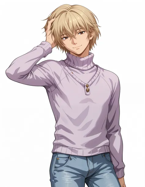 score_9, score_8_up, score_7_up, source_anime, 1boy, male focus, solo, sensisono, light blonde hair, brown eyes, hair between eyes, short hair, bangs, turtleneck, lilac sweater, long sleeves, buttons, pants, jeans pants, cowboy shot, smile, closed mouth, h...