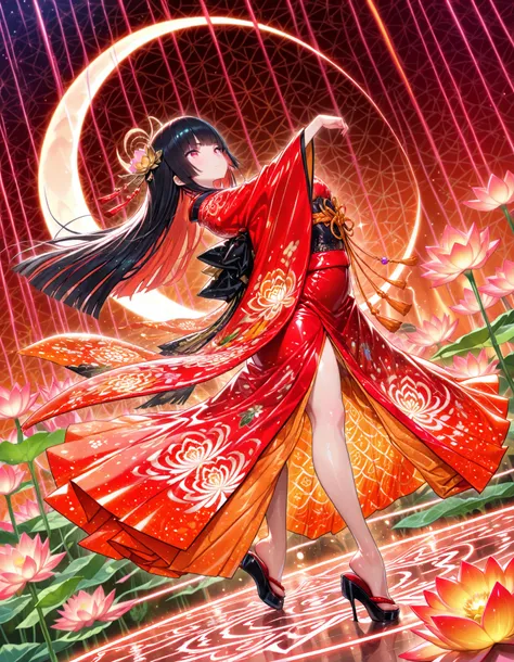 fantasic illustrations,huge lotus flower background,dynamia lighting,shiny crescent moon,1girl,solo,black long hair,hime cut hair,red eyes,(red and orange furisode,flashly pattern),gorgeous hair ornament,(dancing,dynamic angle),((masterpiece, best quality,...