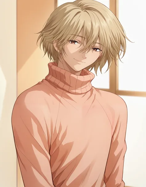score_9, score_8_up, score_7_up, source_anime, 1boy, male focus, solo, sensisono, light blonde hair, brown eyes, hair between eyes, short hair, bangs, salmon sweater, turtleneck, cowboy shot, smile, closed mouth, head tilt, indoors