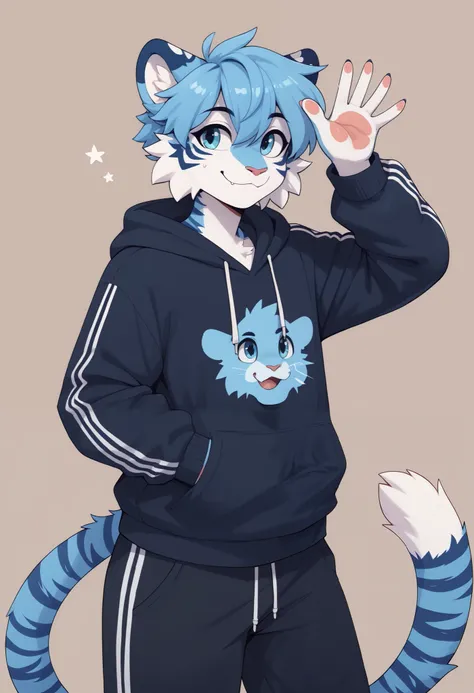 (Masterpiece) (High Detail) (High Res) A very short, slim, curvy and cute tiger Male with blue fur and fluffy blue tiger patterned fur and curvy effeminate shape and a thick stripy tiger tail and a flat chest. He is wearing a hoodie and baggy sweatpants an...