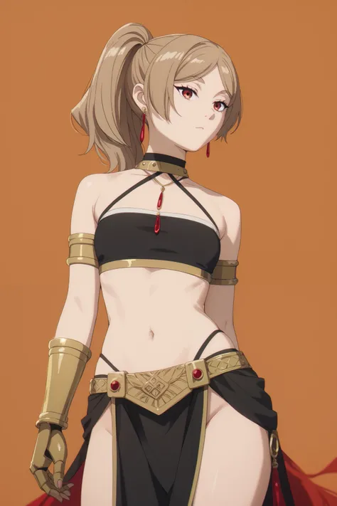 1 girl, light brown hair ponytail, parted bangs, red iris, voluptuous, small breasts, black tube top, black loincloth, gold accessories, gold gauntlets, simple orange background