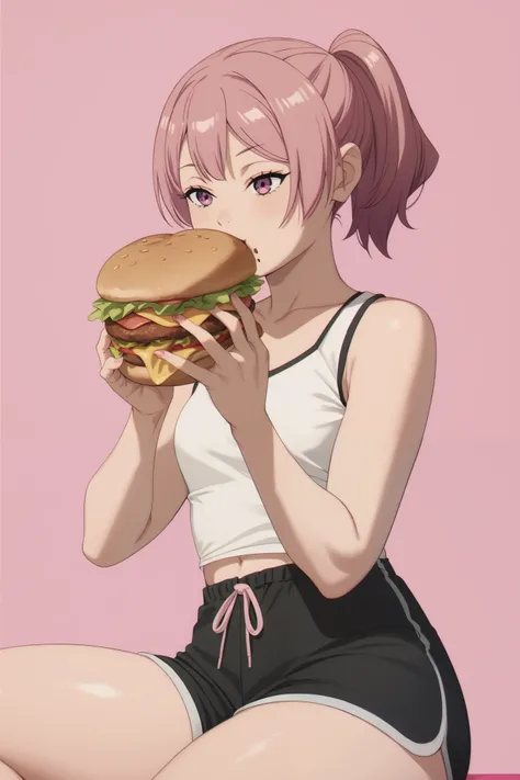 1 girl, short pale pink ponytail hair, dark pink highlights, small breasts, thick thighs, pink string tank top, black sports shorts, eating hamburger, simple pink background
