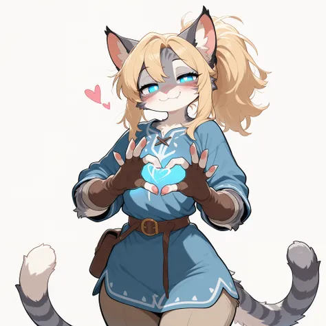 masterpiece, best quality, amazing quality, high resolution, absurdres, newest, countershading, katxl, adult female, Anthro furry feline cat girl, glowing blue eyes, grey striped fur, cheek fluff, blonde hair, ponytail, small chest, fingerless brown gloves...
