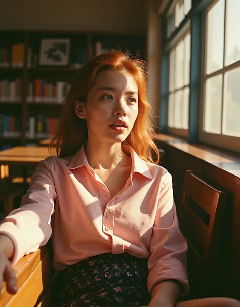 Ultra-realistic cinematic photo, 1980s-style, of a red-haired young woman sitting on a wooden bench in a sunlit school library. She wears a loose pastel pink shirt (rolled sleeves) tucked into a high-waisted dark patterned skirt, with a wide brown belt. He...