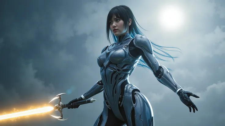 Cyborg Alita Battle Angel , Warframe Armor Girl ,Chest, Glowing Details,  high image quality, masterpiece,  very well detailed,  Holding a Glowing Magic Sword, cloud
