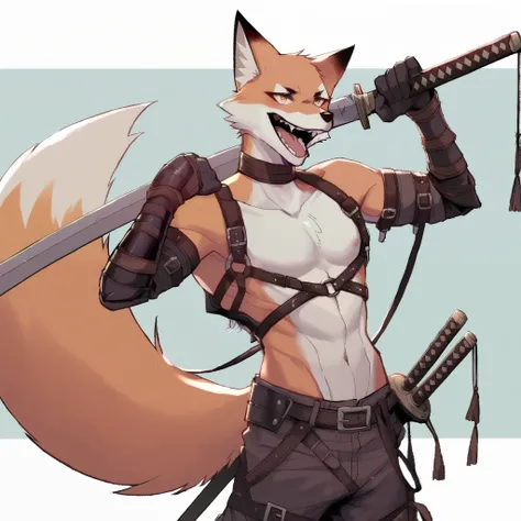 
slender anthropomorphic orange fox with open mouth wearing shirtless leather strap armor holding a nodachi