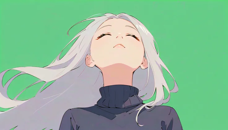 flat color, 
1girl, solo, 
silver long hair, closed eyes, 
looking up, upper body, 
from below, turtleneck sweater, 
simple background, green background, 