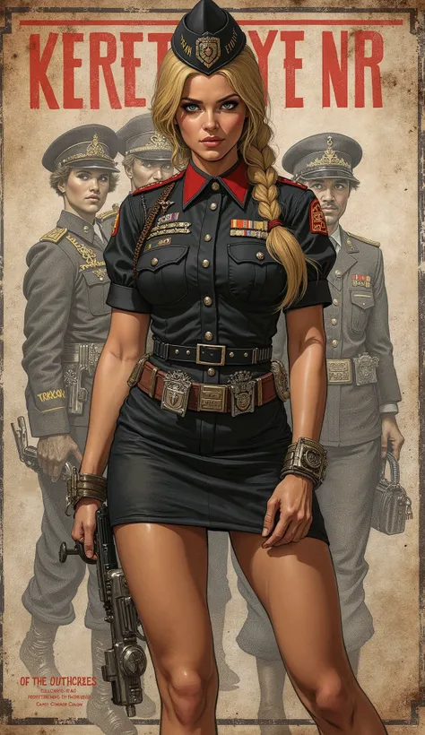 the proportions and detailed textures multicolor brushwork and softened with airbrush, semi-realistic ink china illustration of a strong and beautiful young girl in a steampunk style police uniform and epic fantasy (full body pose, with a confident and dar...
