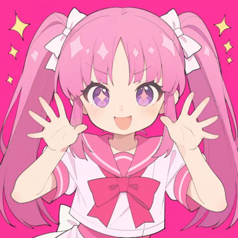 1 girl、pink long straight twin tails、my bangs are straight、Purple eyes。sagitales、Brow、cute、is wearing a pink sailor suit。smiling with open mouth、smile、cute pose。From the chest up。 sparkling。 have a pink background。