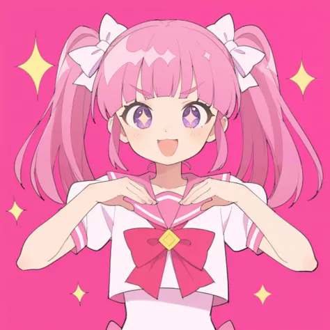 1 girl、pink long straight twin tails、my bangs are straight、Purple eyes。sagitales、Brow、cute、is wearing a pink sailor suit。smiling with open mouth、smile、cute pose。From the chest up。 sparkling。 have a pink background。