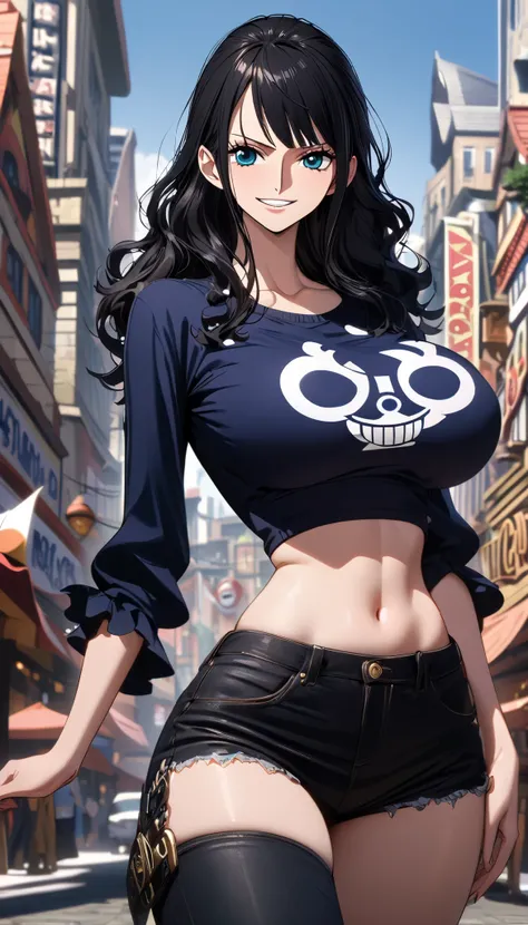masterpiece, best quality), intricate details, 1 girl, woman, black hair, nico robin \ (one piece\), (medium hair), crop top t-shirt long sleeve, large breast, black jeans, female focus, outdoors, city, looking at viewer, smile close mouth, ((front view)) ...