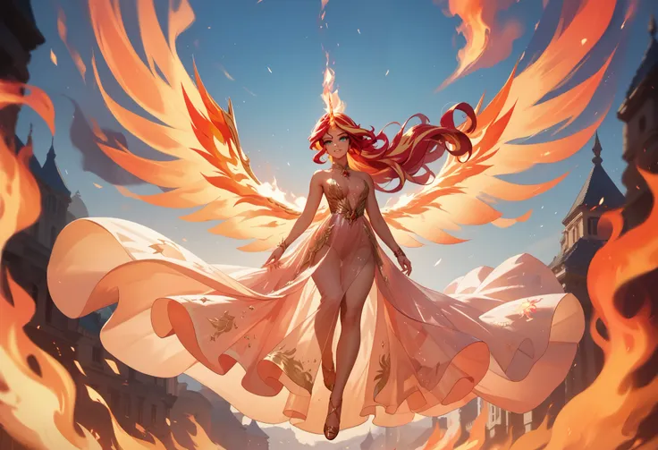 1girl, hovering in the air, Sunset Shimmer, daydream shimmer, wearing a long flowing dress, sheer silk dress, transparent clothing, clothes on fire, hair on fire, ethereal unicorn horn on her forehead, ethereal wings spreading out from her back, intense ex...