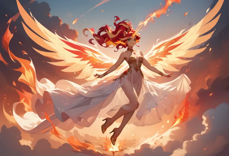 1girl, hovering in the air, Sunset Shimmer, daydream shimmer, wearing a long flowing dress, sheer silk dress, transparent clothing, clothes on fire, hair on fire, ethereal unicorn horn on her forehead, ethereal wings spreading out from her back, intense ex...