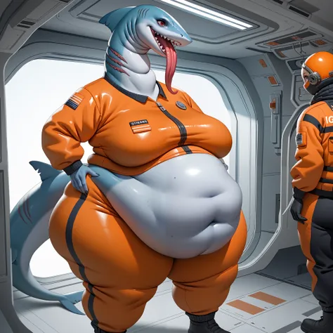 score_9, score_8_up, score_7_up, woman a round belly, before Vore, chubby belly: blue skinned alien shark woman bbw female with a shark fin in the back of her neck, and gills. Thicc shark girl very tall, and a long neck, red eyes, tight fitting space suit....
