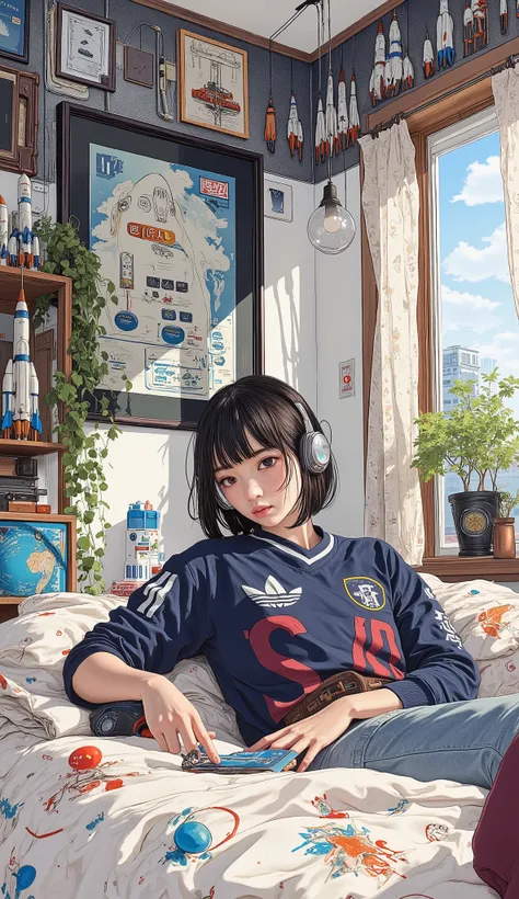 Japanese high school girl relaxing in her room , Traditional Paintings , by Shinoda Toko , by Ayako Rokkaku , mural, Full page illustration , Japanese painting, Comic stills , Artwork , dark blue and Bordeaux album jacket , lace curtains、Lots ...