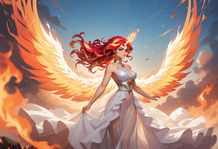 1girl, descending from the sky like an angel, Sunset Shimmer, daydream shimmer, wearing a long flowing dress, sheer silk dress, transparent clothing, clothes on fire, hair on fire, upswept hair, ethereal unicorn horn on her forehead, ethereal wings spreadi...