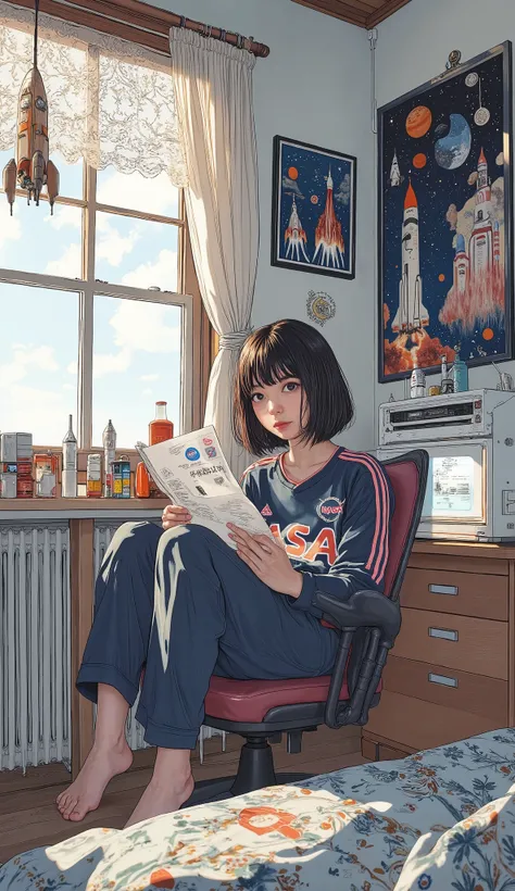 A Japanese high school girl who loves NASA is relaxing in her room , Traditional Paintings , by Shinoda Toko , by Ayako Rokkaku , mural, Full page illustration , Japanese painting, Comic stills , Artwork , dark blue and Bordeaux album jacket , ...