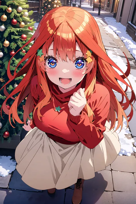 score_9, score_8_up, score_7_up, source_anime, Nakano Mizuki , long hair, blue eyes, hair ornament, red hair, long hair,stupid hair, star (  symbol ), star hair ornament, Big Breasts,smile,cover,opens her mouth,Red hoodie, white long skirt,boots,Snow stand...