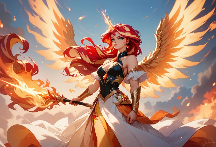 girl made of fire, descending from the sky like an angel, Sunset Shimmer, daydream shimmer, wearing a long flowing dress made of fire, hair is fire, upswept hair, ethereal unicorn horn on her forehead, ethereal wings spreading out from her back, badass