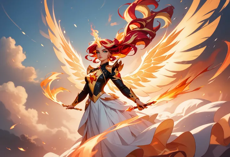 girl made of fire, descending from the sky like an angel, Sunset Shimmer, daydream shimmer, wearing a long flowing dress made of fire, hair is fire, upswept hair, ethereal unicorn horn on her forehead, ethereal wings spreading out from her back, badass