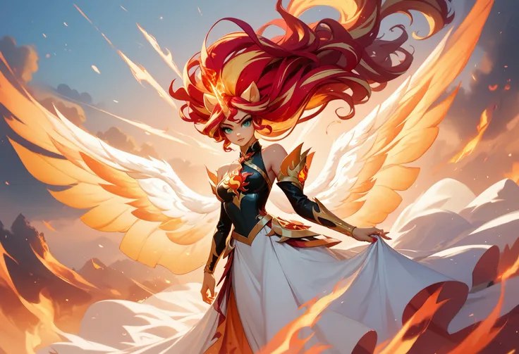 girl made of fire, descending from the sky like an angel, Sunset Shimmer, daydream shimmer, wearing a long flowing dress made of fire, hair is fire, upswept hair, ethereal unicorn horn on her forehead, ethereal wings spreading out from her back, badass