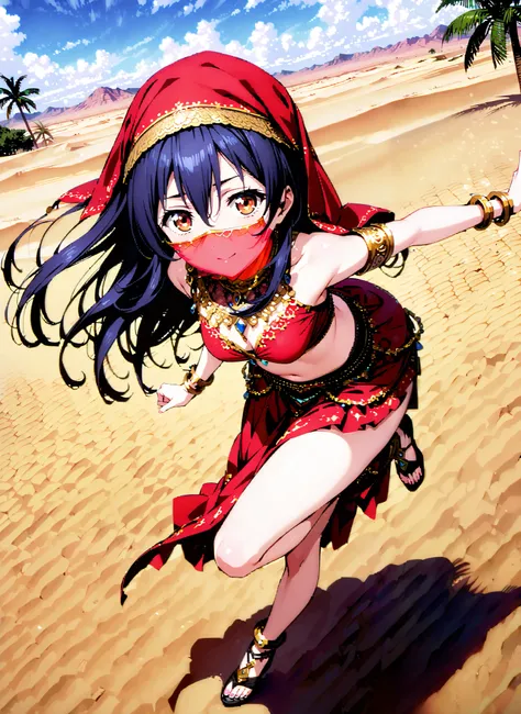 score_9, score_8_up, score_7_up, source_anime,  Sonoda Umi  , long straight hair, bungs, hair between eyes, brown eyes, blue hair,smile,cover, small ,Arabian clothing,  dancer , mouth Veil, belly Dancing,Bare legs, Veil, Armlet,Palm Trees,full bodyがillustr...