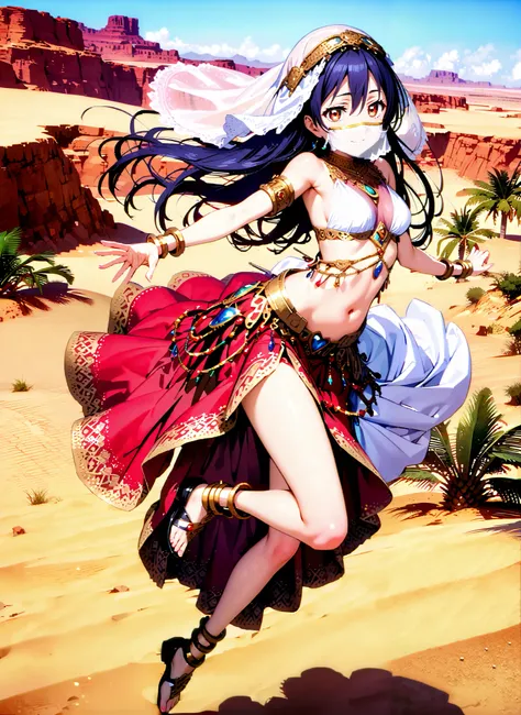 score_9, score_8_up, score_7_up, source_anime,  Sonoda Umi  , long straight hair, bungs, hair between eyes, brown eyes, blue hair,smile,cover, small ,Arabian clothing,  dancer , mouth Veil, belly Dancing,Bare legs, Veil, Armlet,Palm Trees,full bodyがillustr...