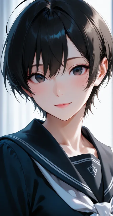 A cute anime-style girl(1.7), insanely detailed, she is beautiful, short choppy messy pixie cut black hair with ahoge, silky smooth texture, no white strands, glossy hair with highlights, highly detailed black eyes with intricate irises and large highlight...