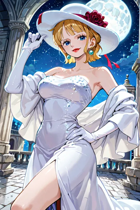 (masterpiece) solo, 1girl, stussy, one piece, short blonde hair, earrings, blue eyes, red lipstick, sleek legs, (white wide flat-brim hat with a ribbon decoration), (white long dress with sequins, off shoulder, ), strapless,  ((white elbow length gloves)),...