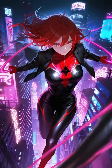 masterpiece, best quality, amazing quality, newest, very aesthetic, 1girl,Image is a digital illustration featuring a female superhero in a dynamic pose, swinging through a cityscape at night. She has striking red hair and is wearing a sleek, black suit wi...