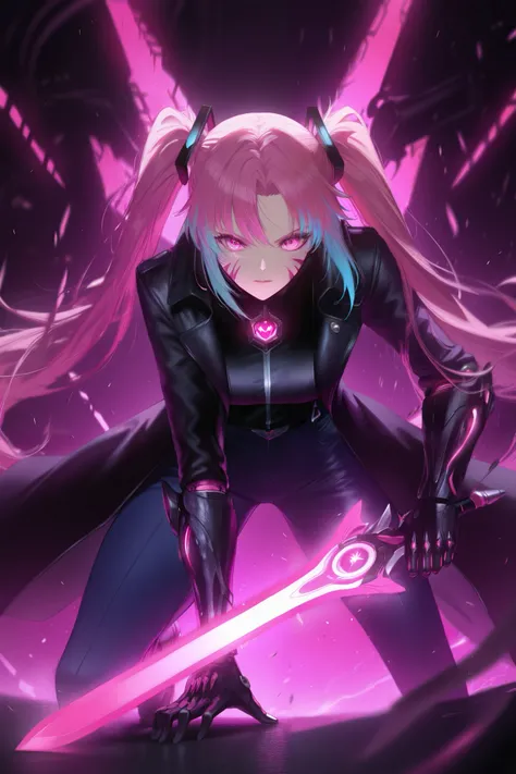 masterpiece, best quality, amazing quality, newest, very aesthetic, 1girl,Image is a stylized comic book illustration featuring a dynamic layout. The central subject is a character with long, flowing pink hair, crouched in a powerful stance. The character ...