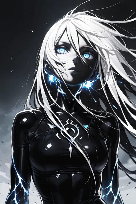 masterpiece, best quality, amazing quality, newest, very aesthetic, 1girl,Image is a digital artwork featuring a stylized, abstract representation of a female figure. The figure is composed of a glossy, black material with luminous, white cracks running th...