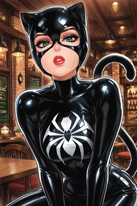 masterpiece, best quality, amazing quality, newest, very aesthetic, 1girl,cat woman from \(marvel spider man\),A seductively feline Catwoman, inspired by Marvel's Spider-Man, gazes at the viewer in a classic cat pose. Her luscious red lips stand out agains...