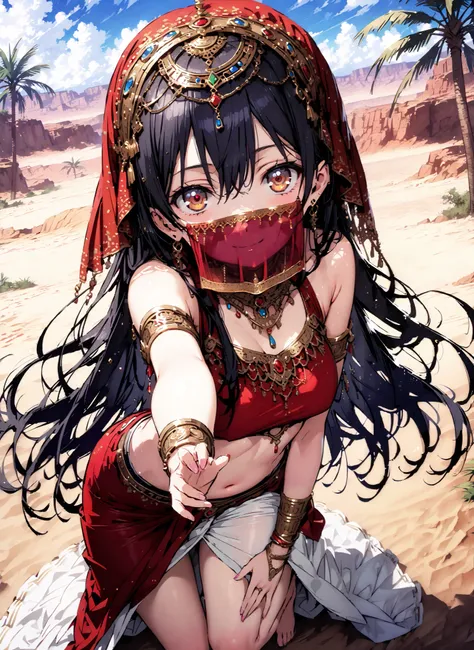 score_9, score_8_up, score_7_up, source_anime,  Sonoda Umi  , long straight hair, bungs, hair between eyes, brown eyes, blue hair,smile,cover, small ,Arabian clothing,  dancer , mouth Veil, belly Dancing,Bare legs,bare feet, Veil, Armlet,Palm Trees,full bo...