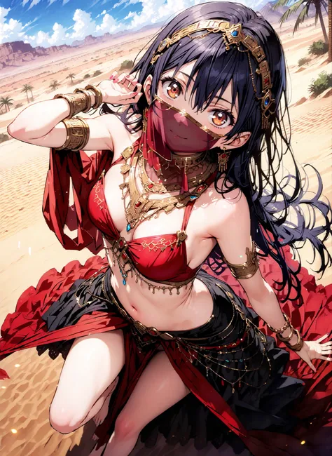 score_9, score_8_up, score_7_up, source_anime,  Sonoda Umi  , long straight hair, bungs, hair between eyes, brown eyes, blue hair,smile,cover, small ,Arabian clothing,  dancer , mouth Veil, belly Dancing,Bare legs,bare feet, Veil, Armlet,Palm Trees,full bo...