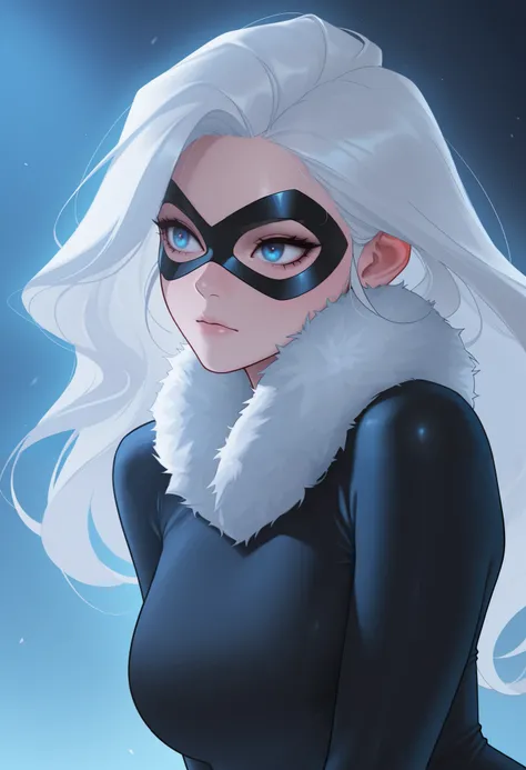 masterpiece, best quality, amazing quality, newest, very aesthetic, 1girl,masterpiece, high quality, amazing detail,
1girl, solo, ss-JLee-illu,
blackcatdg, white hair, long hair, domino mask, fur collar, blue eyes,