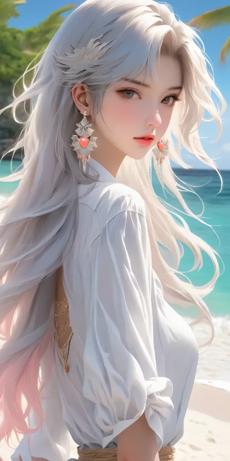 1 Girl, rare natural beauty with face and body facing front,Solitary, Long hair, high detail shirt, white shirt, Bangs, Upper Body, earrings, jewelry, white hair, Shut up、Look ahead, pink lips, textured skins, coral beach and sea as background. 8k