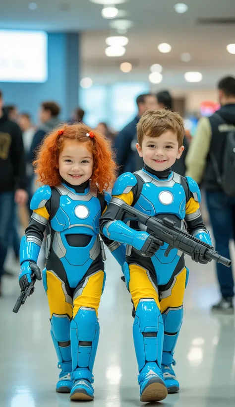 character: 1 baby boy, and 1 baby girl with red hair.
action: Walk straight and look straight ahead.
Expression : smiling.
Costume : they Wearing light blue ironman with yellow futuristik armor. They both held laser rifles.
Background : A bright indo...