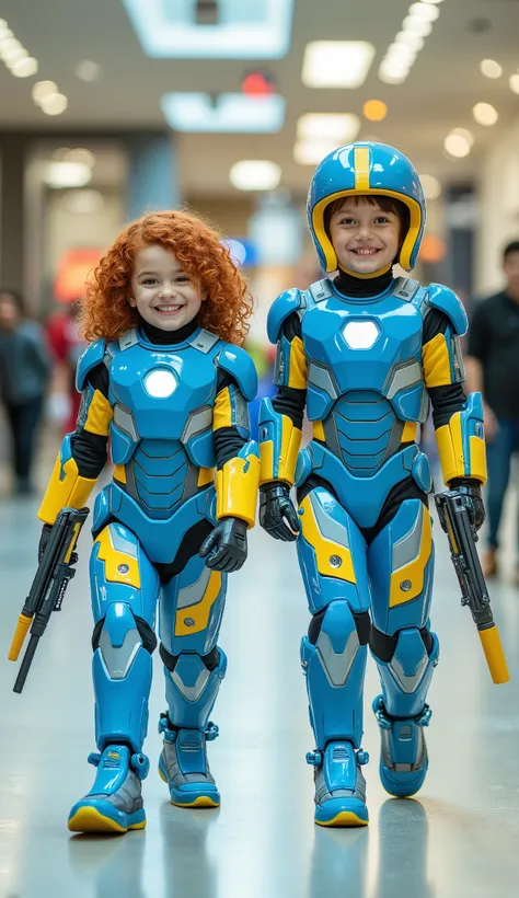 character: 1 baby boy, and 1 baby girl with red hair.
action: Walk straight and look straight ahead.
Expression : smiling.
Costume : they Wearing light blue ironman with yellow futuristik armor. They both held laser rifles.
Background : A bright indo...