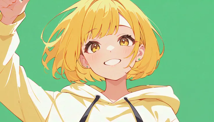 flat color, 
1girl, solo, 
yellow hair, bob cut, yellow eyes, 
big smile, upper body, 
from below, hoodie, 
simple background, green background, 