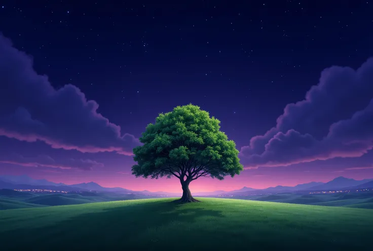 A solitary tree stands in the middle of a vast, open meadow. The tree has a slightly rounded canopy adorned with small, vibrant green leaves that shimmer softly under the light of the night sky. Above, the heavens stretch out in a deep purple-blue hue, sca...