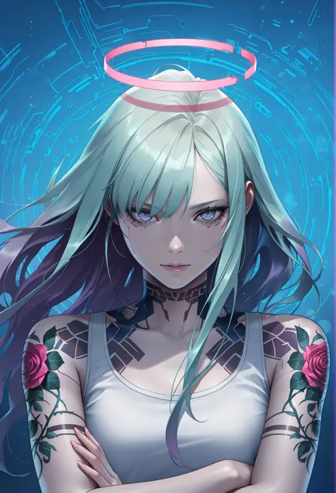 masterpiece, best quality, amazing quality, newest, very aesthetic, 1girl,Image is a digital illustration featuring a stylized portrait of a person with a futuristic and edgy appearance. The background is a vibrant blue with circuit-like patterns, adding a...