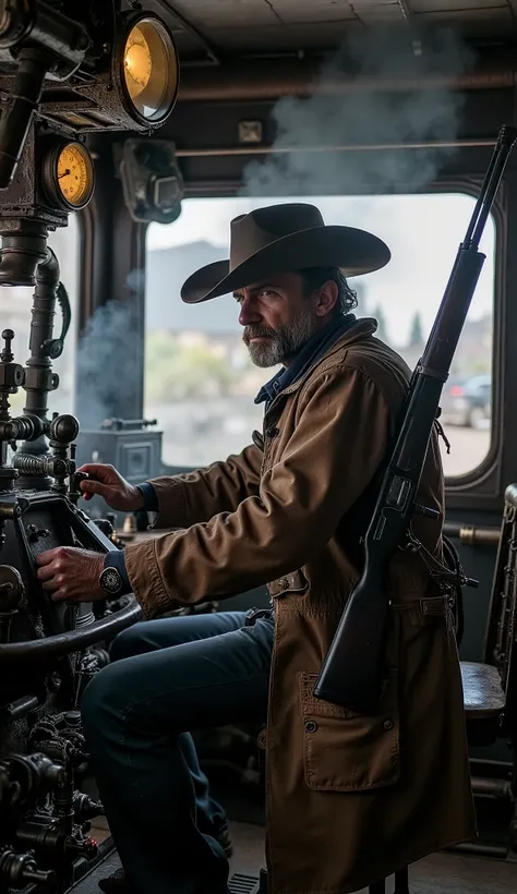 Inside a cabin of a steam train, the steam train driver of the train is a cowboy with a winchester rifle on his back. Lots of levers, steam clocks.