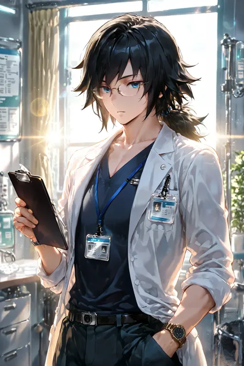 {{masterpiece, best quality, extremely detailed CG, unity 8k wallpaper, cinematic lighting, lens flare}},1boy, male focus, (detailed background)),((correct_anatomy)), sunlight falling on him from window, giyuu_tomioka, black hair, blue eyes, bangs, long ha...