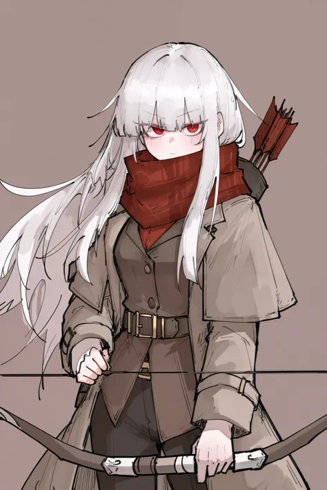 kankan33333, eonsang, best quality, ultra detailed, 1girl, scarf, red eyes, white hair, long hair, holding weapon, bow (weapon), vest, belt, long coat, brown coat, capelet, open coat, simple background, cowboy shot, looking at viewer
