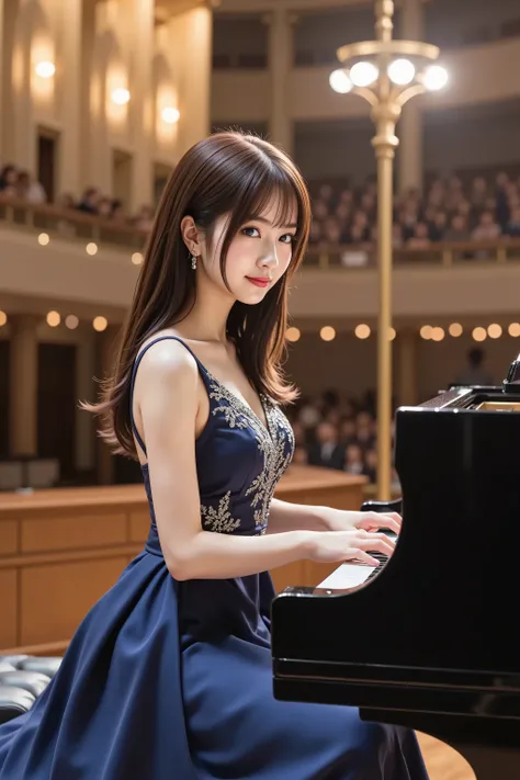 A highly detailed, ultra-realistic digital illustration of a beautiful young Asian female pianist performing on a grand, brightly lit concert stage. She is depicted from the waist up, with her long, voluminous chestnut brown hair cascading in soft curls, a...