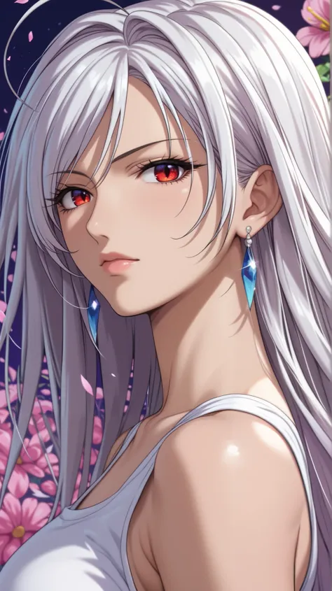 vampire moka akashiya, long hair, red eyes, ahoge, ((white hair)), large breasts, (Flower frame, A lot of flowers in the frame), Decorative panel, (shot from a side angle), florals, Zentangle, Dynamic Poses,Abstract background, earrings, pluma, ((Taisho ro...