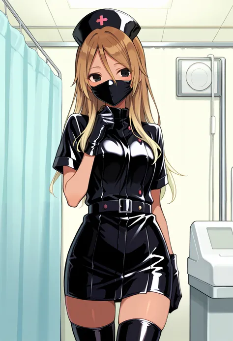 Score_9, score_8_up, score_7_up, source_anime, 1zum1, solo, dark-skinned female, tan, long hair, gradient hair, brown hair, blonde hair, hair between eyes, black eyes, enamel leather dark nurse, latex dress, black latex gloves, black latex legwear, latex, ...