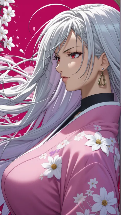 vampire moka akashiya, long hair, red eyes, ahoge, ((white hair)), large breasts,  ((Taisho romance)), kimono, Flower frame, A lot of flowers in the frame, Decorative panel, (shot from a side angle), florals, Zentangle, Dynamic Poses,Abstract background, e...